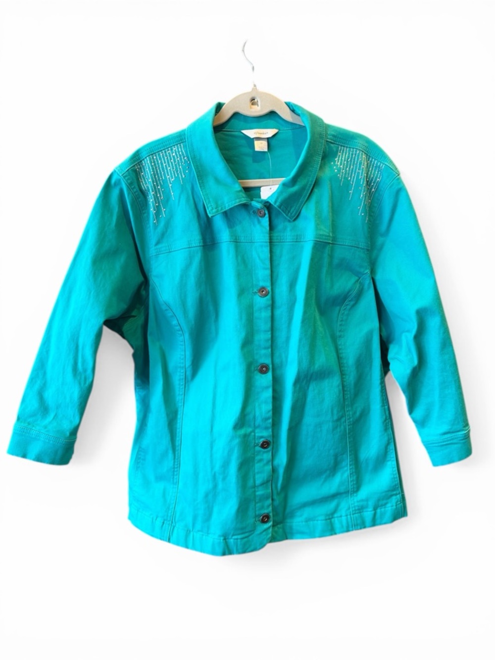 CJ Banks Turquoise Embellished Button-Front Women’s Lightweight Denim Jacket - Picture 6 of 11